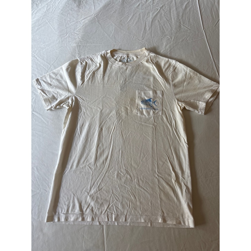Vineyard‎ Vines T-Shirt Mens Small Cream Good Fish Graphic Pocket Short Sleeve